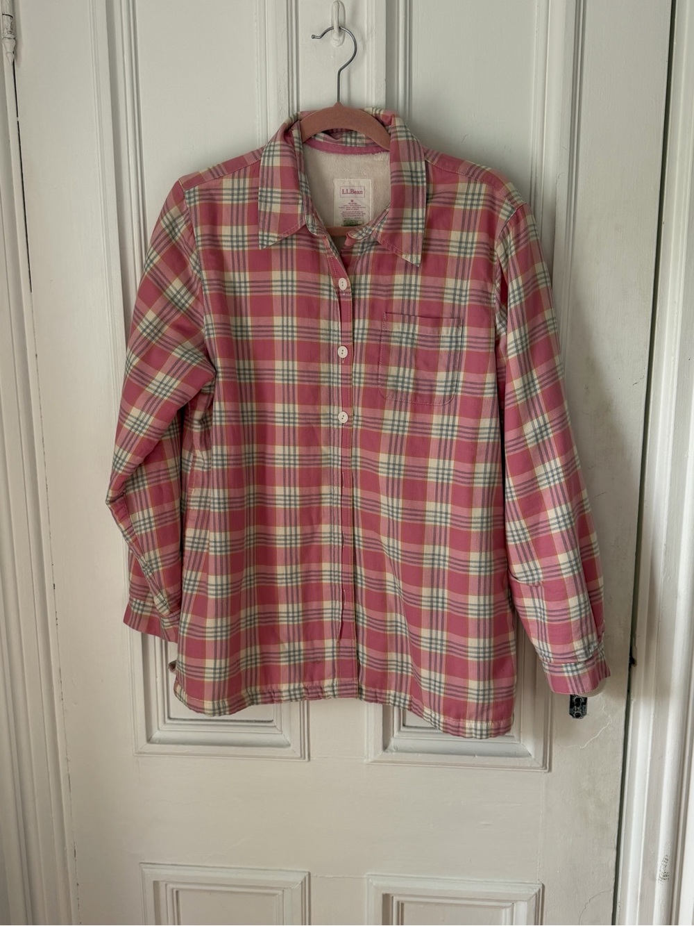 Women’s LL Bean Pink Plaid Flannel Lined Button Front Shirt Size Medium